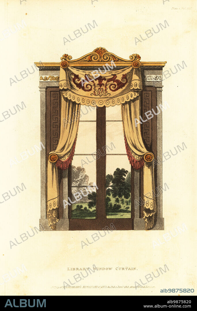 Regency-era library window curtains, 1815. Design for grand architectural additions and drapes that add Palladian or Venetian proportions to a narrow window bay. Handcoloured copperplate engraving from The Upholsterer's and Cabinet-Maker's Repository consisting of seventy-six designs of modern and fashionable furniture, Rudolph Ackermann, London, 1830.