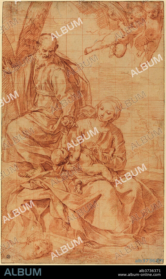 SIMONE CANTARINI. The Rest on the Flight into Egypt, or The Miracle of the Palm Tree. Dated: late 1630s. Dimensions: overall: 29.5 x 18.3 cm (11 5/8 x 7 3/16 in.). Medium: red chalk, squared for transfer and incised  around edges, on laid paper.