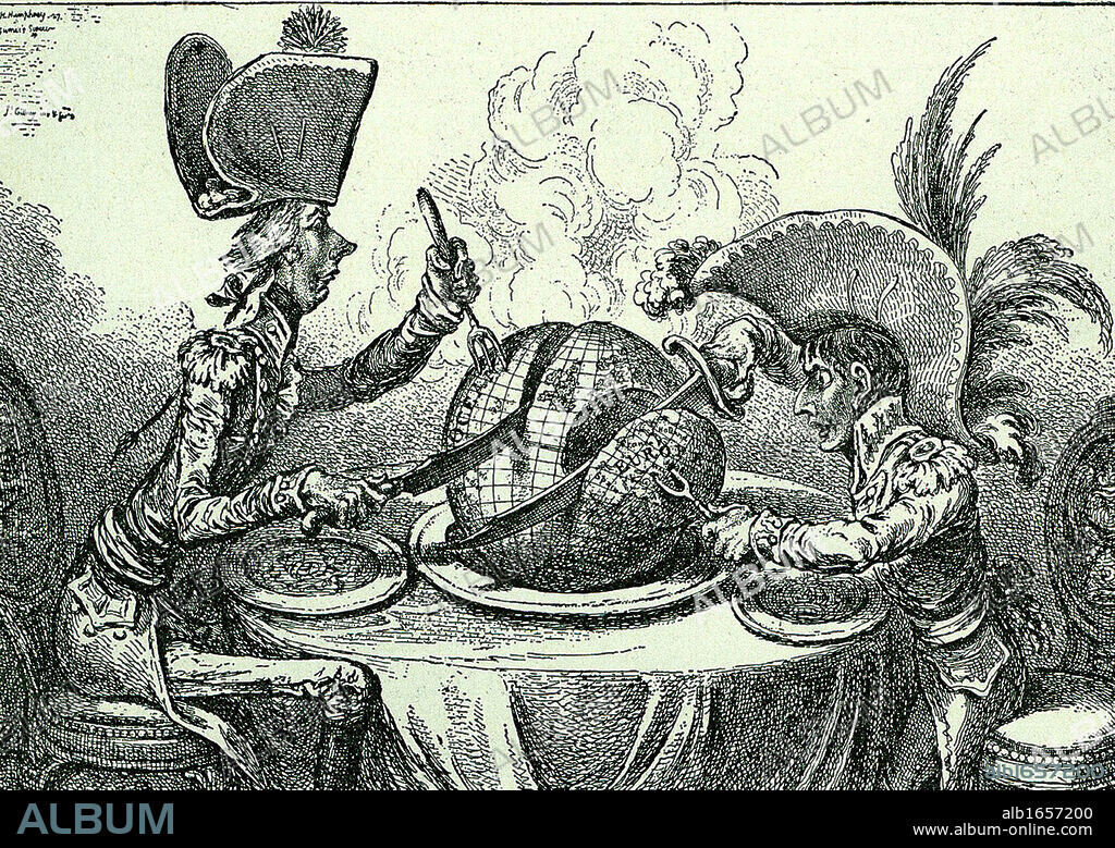 The Plumb-pudding in Danger: or, State Epicures Taking Un Petit Souper. William Pitt, British Minister, and Napoleon I carving up the globe. After a cartoon by James Gilray, 1805.