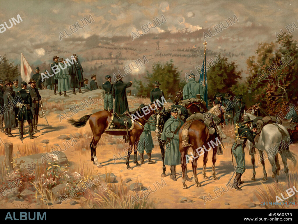 Schlacht von Chattanooga, war eine Schlacht des Amerikanischen Burgerkrieges, die vom 23. bis zum 25. November 1863 zwischen den Unionstruppen unter Ulysses S. Grant und der konfoderierten Tennessee-Armee unter General Braxton Bragg bei Chattanooga, Tennessee stattfand, Historisch, digital restaurierte Reproduktion von einer Vorlage aus der damaligen Zeit.