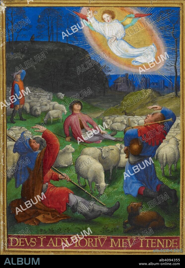 GERARD HORENBOUT. Annunciation to the Shepherds. Sforza Hours. Milan, circa 1490; Flemish insertions, 1517-1520. Source: Add. 34294, f.91. Language: Latin.