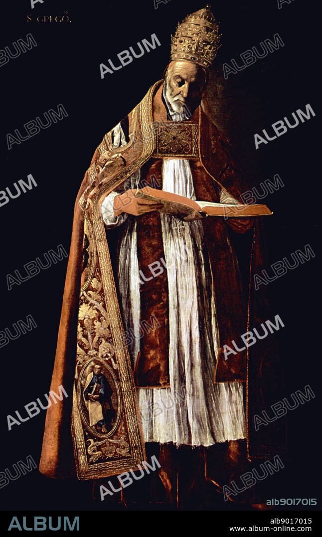 Pope Gregory I (Latin: Gregorius I) (c. 540 12 March 604), better known in English as Gregory the Great, was pope from 3 September 590 until his death. Gregory is well known for his writings. Portrait by Francisco de Zurbarán Date 1626-1627. oil on canvas.