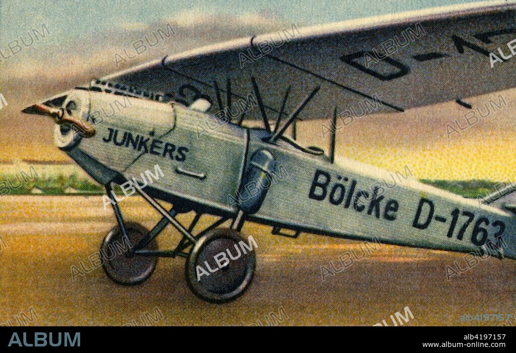 Junkers T 26E plane, 1920s, (1932). German two-seater monoplane with an 80 horse power air-cooled Junkers engine. From "Die Eroberung Der Luft", (The Conquest of the Air), cigarette card album produced by the Garbáty cigarette factory, 1932. Eugene and Moritz Garbáty, who were Jewish, were driven out of business by the Nazis in the late 1930s, and forced to sell their factory which lay empty for over 70 years. [Garbaty Cigarettenfabrik, Berlin-Pankow, 1932].