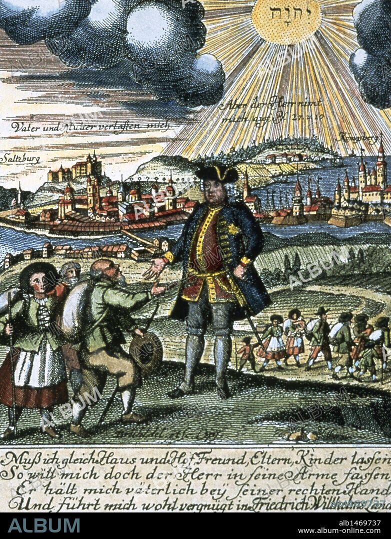 Frederick William I of Prussia (1688-1740). King of Prussia. Frederick William I as the patron protector of Protestants from Salzburg in 1732. Engraving by Johan Benjamin Bruhl.