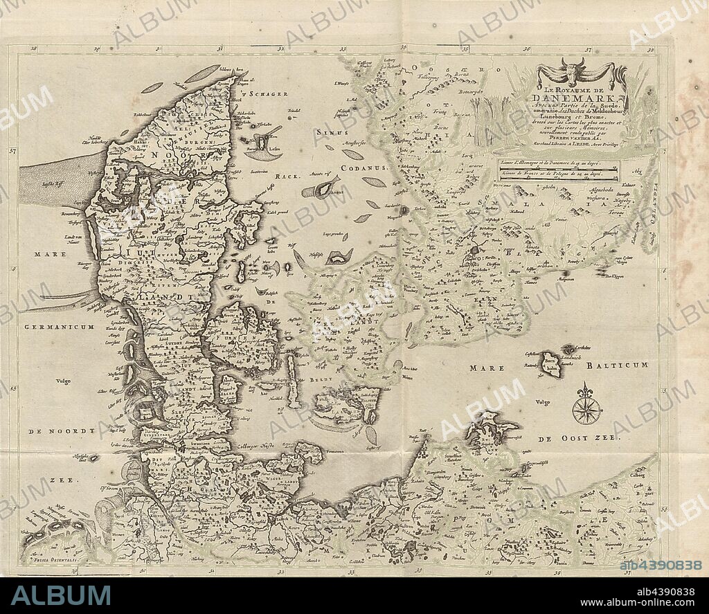 The Kingdom of Denmark, with part of Sweden, Pomerania, Duchez of Meklenburg, Lüneburg and Bremen ..., Map of the Kingdom of Denmark, with the southern territories, Pomerania, Mecklenburg, Lüneburg and Bremen from the 18th century, signed: Dressé sur les Cartes les plus exactes et sur plusieurs Mémoires, nouvellement rendu public par PIERRE VANDER AA, Merchand Libraire A LEIDE, Avec Privilege, Fig. 1, before p. 1, Aa, Pierre vander (rendu public), 1727, Adam Olearius: Voyages très-curieux et très-renommez faits en Moscovie, Tartarie et Perse: dans lequels on trouve une description curieuse & la situation exacte des pays & etats, par où il a passé [...]. Bd.1. A Amsterdam: chez Michel Charles le Céne, 1727.