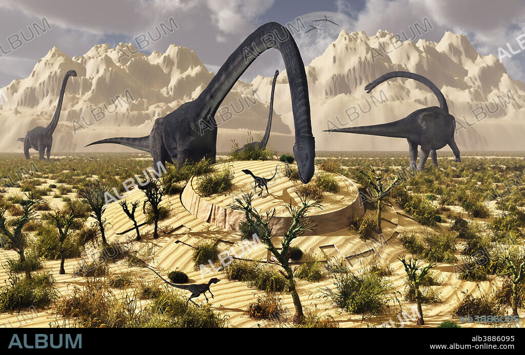 An Omeisaurus sauropod dinosaur stumbles across a UFO buried for an unknown period of time as it grazes on the local vegetation.