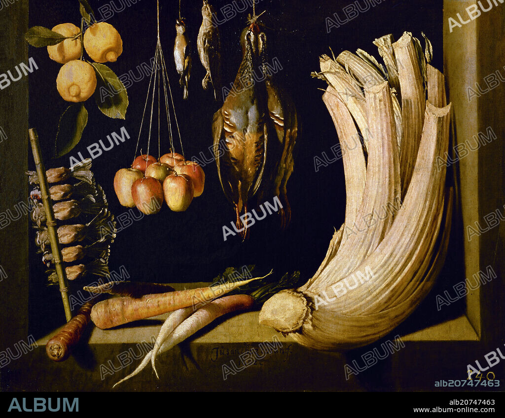 JUAN SANCHEZ COTAN (1560-1627). BODEGON DE CAZA HORTALIZAS Y FRUTAS - 1602 - O/L-68x89 cm - NP 7612 - BARROCO ESPAÑOL.