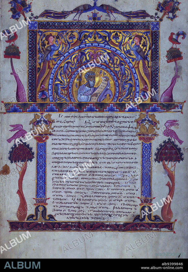 T'oros Roslin Gospels, Decorated page with image of Eusebius, This manuscript was made in 1262 by Toros Roslin, an extremely prominent illuminator, who extended the range of manuscript illuminations by introducing a whole cycle of images into the gospels rather than, as was traditional, only including the portraits of the evangelists. This particular manuscript was created at the scriptorium of Hromkla, which became the leading artistic center of Armenian Cilicia under the rule of catholicos Constantine I (1221-1267).Toros created this manuscript under commission from the nephew of Constantine, a priest also named Toros. It is one of seven known manuscripts bearing Toros Roslins signature, and it is the most sumptuous of them all, with 15 miniatures and 67 smaller illustrations. The style of the images suggests that Toros had several assistants helping with the illustrations, though the overall quality remains extremely high. The manuscript was long cherished within the Armenian church. Even in the seventeenth century, its illumination served as a model for Armenian scribes, particularly Bargham and his son Mikayel; in the latter manuscript, Mikayel explicitly refers to 'the excellent scribe Toros, surnamed Roslin.'.