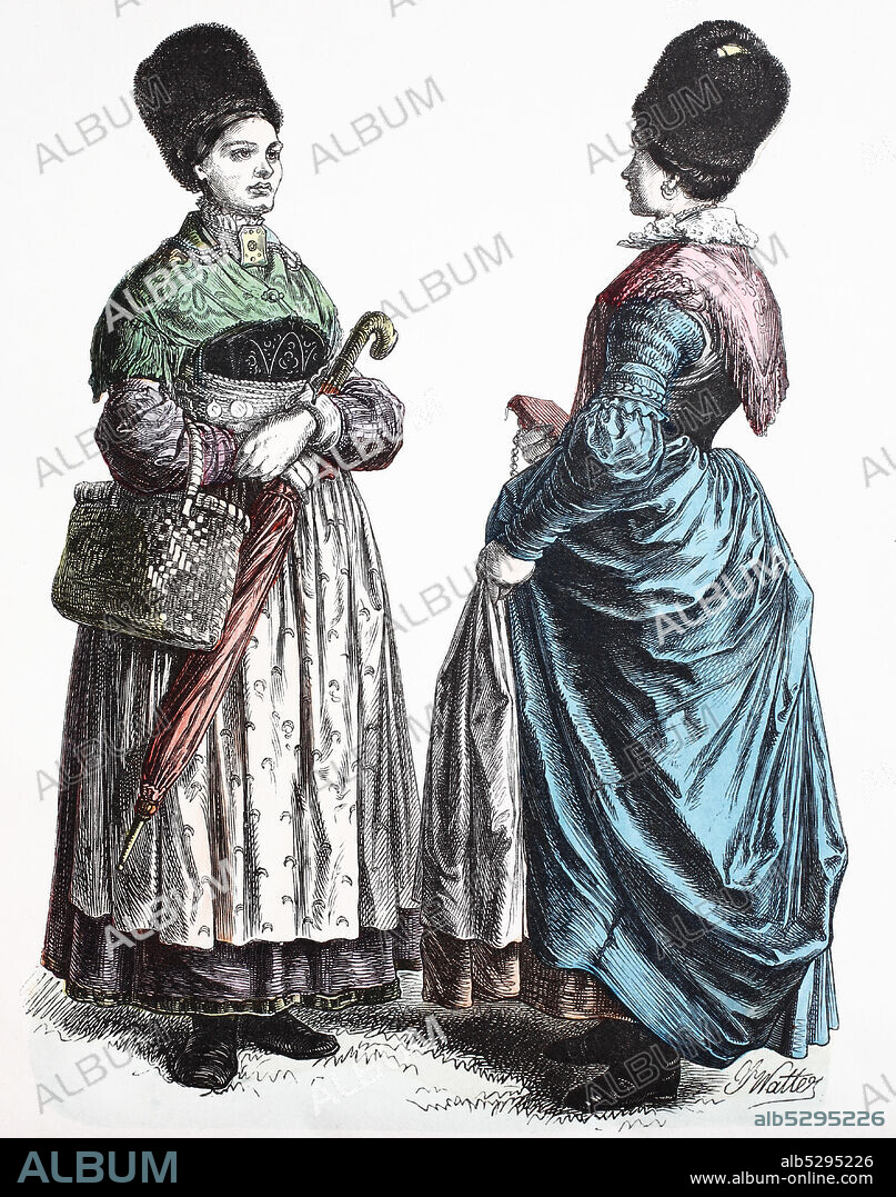 National costume, clothes, history of the costumes, national costume from Bavaria, Germany, Starnberg, in 1850, Volkstracht, Kleidung, Geschichte der Kostüme, Tracht aus Bayern, Deutschland, 1850.