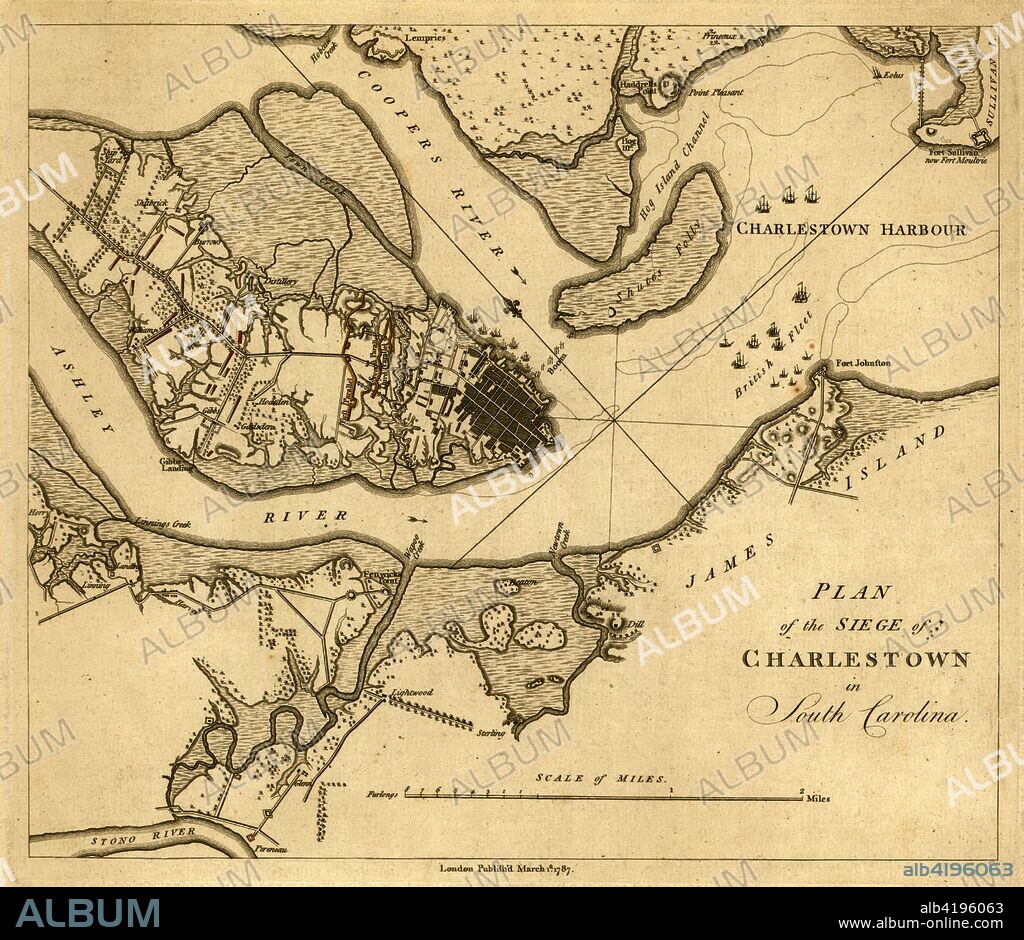 Detailed plan of the Siege of Charleston, from Tarleton's History of the Campaigns of 1780 and 1781 in the Southern Provinces of North America…, published by Cadell in 1787. While serving under Sir Henry Henry Clinton,Tarleton played a significant role in the British capture of Charleston in 1780. Prior to this time he distinguished himself in the campaign for New York, the battles of White Plains, Brandywine and Germantown, and the capture of forts Washington and Lee. Tarleton sailed under Clinton in December,1779,to capture Charleston. In his History,Tarleton recounts how his cavalry raids cut off the city from all help, thus resulting in its surrender May 12,1780; how he protected Cornwallis in his march through South Carolina and aided in capturing Camden, thus receiving high commendation from Cornwallis. The battle plan showsn the British Fleet in the harbor, names fortifications and shows many other battle details, including outline color showing the relative positions of the troops. One of the best obtainable contemporary battle plans of the Siege of Charleston. - Banatre Tarleton.