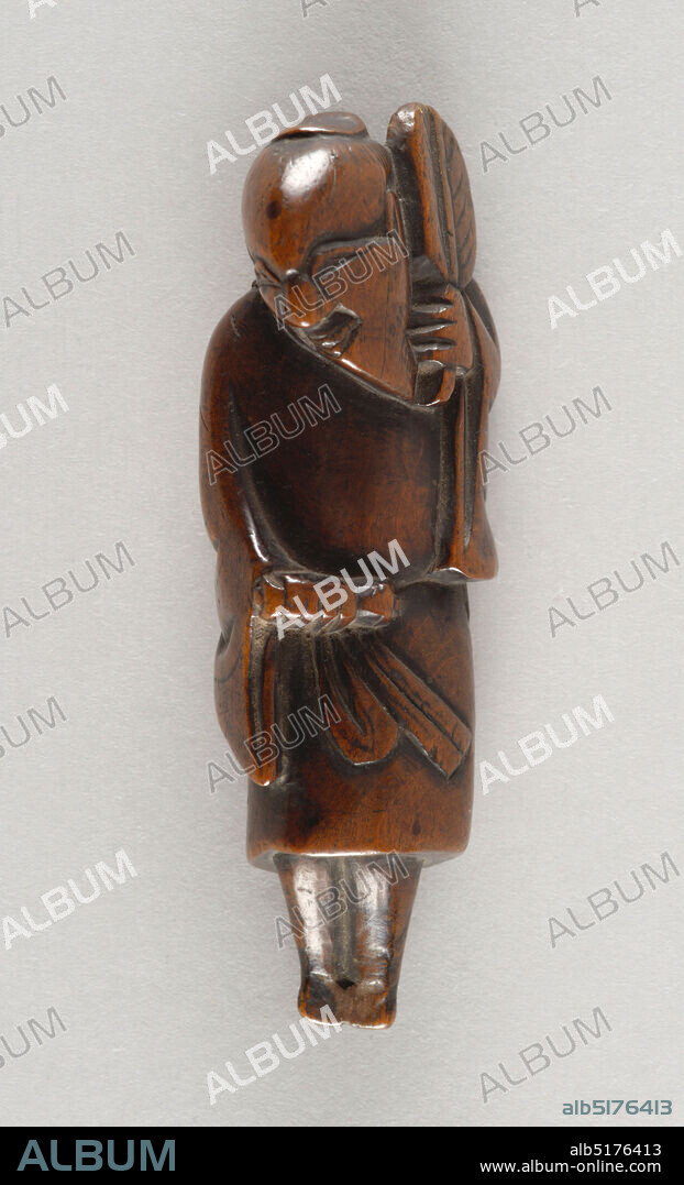 netsuke, wood, carved, Figure of a sage with scroll and fan, perhaps one of the sennin (or eight immortals), Shoriken., 18th century, Decorative Arts, Figure, Figure.