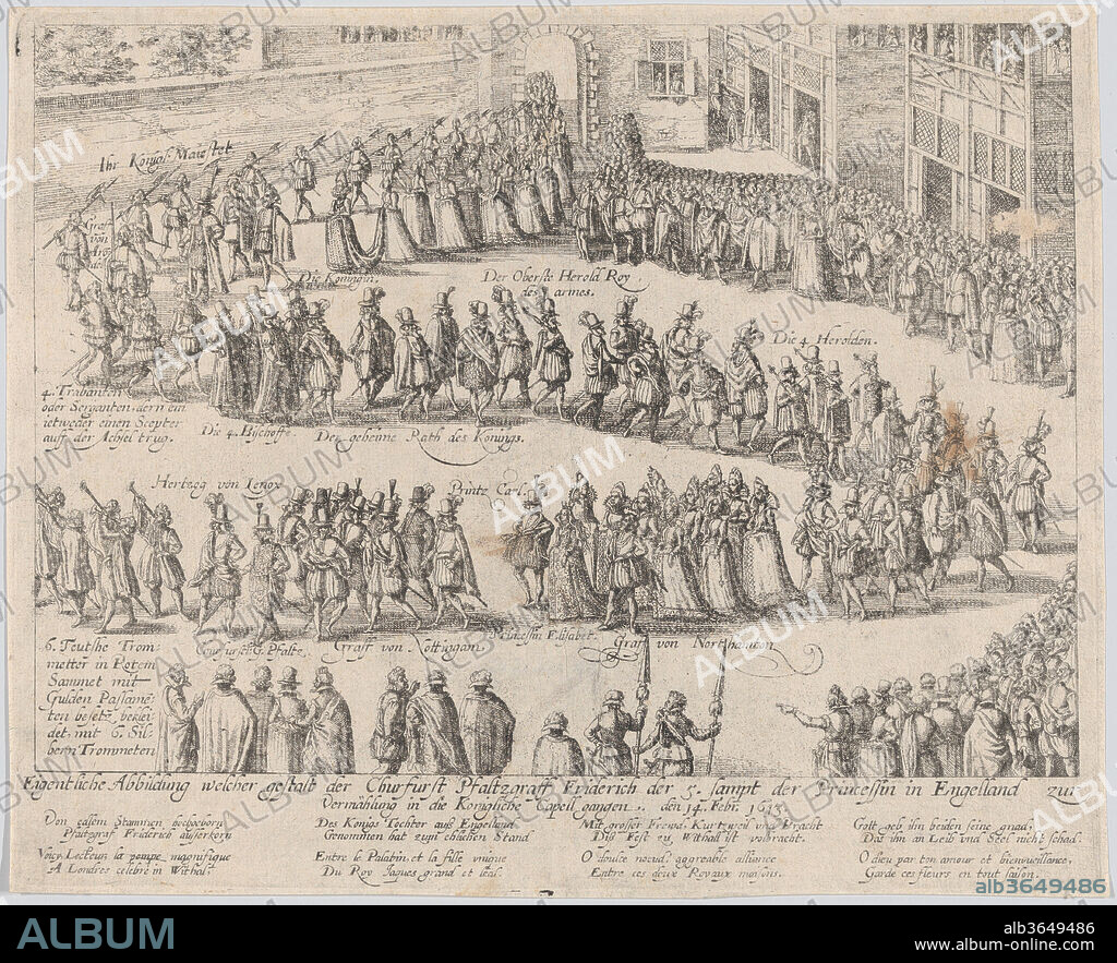 Marriage procession for the wedding of Elizabeth Stuart, daughter of James I, and Frederick V, Elector Palatine, 14 February, 1613. Artist: Possibly by Abraham Hogenberg (German, Cologne 1579/90-after 1656 Cologne). Dimensions: Sheet (Trimmed to plate): 8 9/16 × 10 9/16 in. (21.7 × 26.8 cm). Subject: Princess Elizabeth Stuart (later Queen of Bohemia) (Falkland, Scotland 1596-1662 London); Frederick V, King of Bohemia (1596-1632); Charles I, King of England, Scotland, Wales and Ireland (British, Dunfermline, Scotland 1600-1649 London). Date: 1613 or after.
Elizabeth Stuart (1596-1662) and Frederick V, Elector Palatine (1596-1632) were married at the royal chapel at the Palace of Whitehall, London, on February 14th, 1613.  Celebrations also took place afterwards in Heidelberg.  This etching depicts the marriage procession; at the center, Princess Elizabeth walks with her brother, Charles I (1600-1649), who later became King of England, Ireland and Scotland.