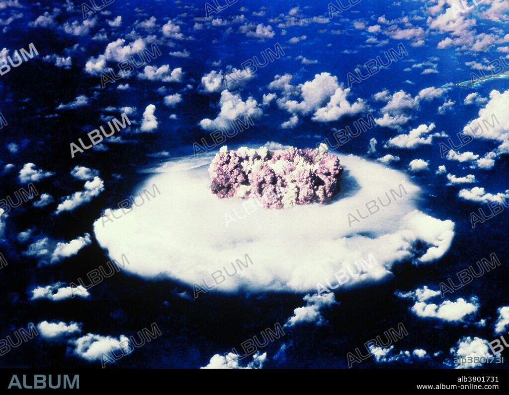 Steam cloud rises from underwater explosion of the atom bomb test BAKER develop into a towering cloud several thousand feet in the air. Waves crated by the explosion are moving away from the test site while tons of water are sprayed into the air, creating the white foamy portion surrounding the steam cloud. Bikini was chosen to be a nuclear testing ground for the U.S. government because of its location away from regular air and sea routes. Operation Crossroads BAKER was suspended beneath landing craft LSM-60 anchored in the midst of the target fleet. It was detonated on July 25, 1946, 90 feet underwater, halfway to the bottom in water 180 feet deep. No identifiable part of LSM-60 was ever found. Operation Crossroads was a series of nuclear weapon tests conducted by the United States at Bikini Atoll in mid-1946. It was the first test of a nuclear weapon after the Trinity nuclear test in July 1945, and the first detonation of any nuclear device following the Fat Man detonation on August 9, 1945. Its purpose was to investigate the effect of nuclear weapons on naval ships. Crossroads consisted of two detonations, each with a yield of 23 kilotons of TNT. Able was detonated at an altitude of 520 feet on July 1, 1946.