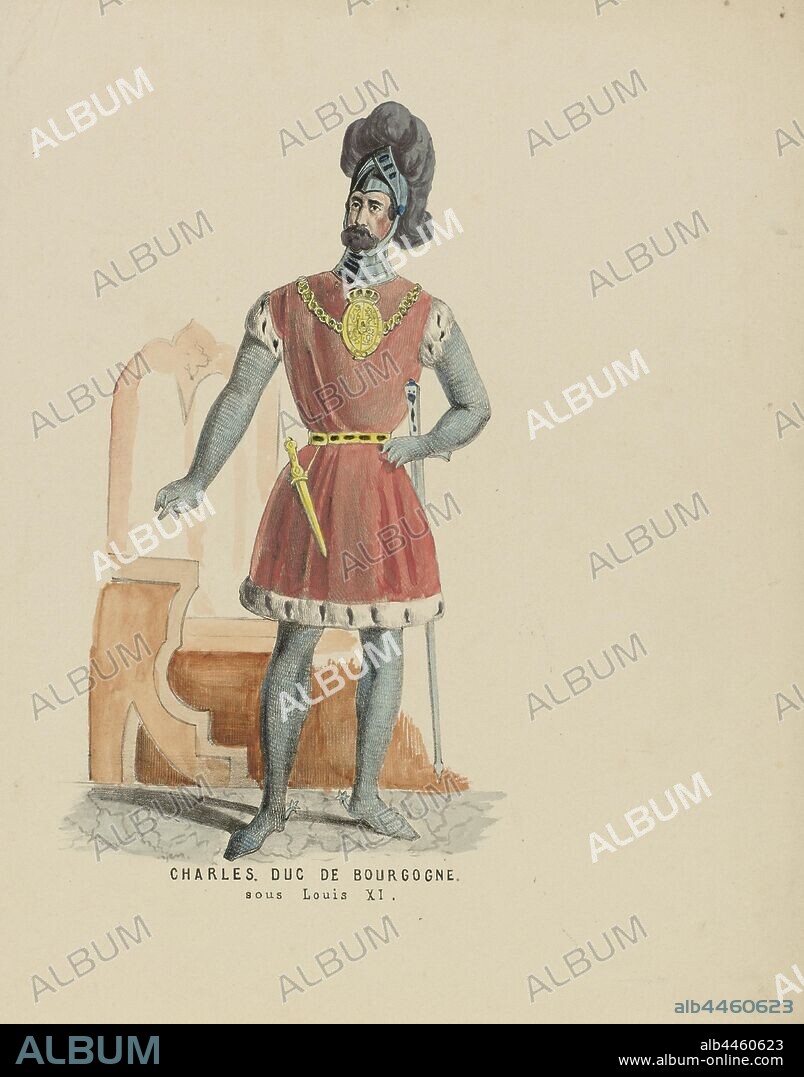 Charles. Duc de Bourgogne. sous Louis XI (title on object), Man in historical costume such as Charlemagne, Duke of Burgundy, under Louis XI. Added performance to the sheet metal work on the costumed ball held at the palace of the Prince of Orange (later King William III) in The Hague on 26 February 1845, historical costume, Charles the Bold (Duke of Burgundy), anonymous, Netherlands, 1840 - 1850, paper, h 286 mm × w 228 mm.