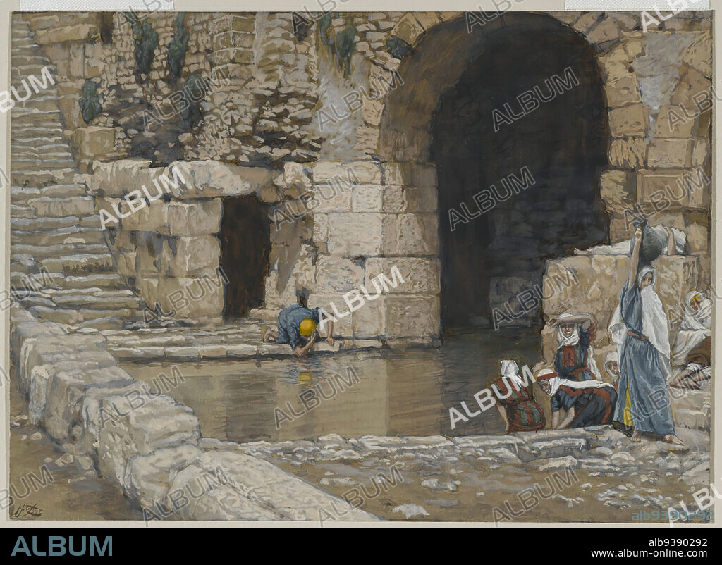 The Blind Man Washes in the Pool of Siloam, Le aveugle-né se lave à la piscine de Siloë, The Life of Our Lord Jesus Christ, La Vie de Notre-Seigneur Jésus-Christ, James Tissot, French, 1836-1902, Opaque watercolor over graphite on gray wove paper, France, 1886-1894, Image: 5 9/16 x 7 11/16 in., 14.1 x 19.5 cm, arch, Bible, Biblical, building, Catholicism, Christ, Christianity, French, Jesus, John 9:7, New Testament, Opaque watercolor over graphite on gray wove paper, pool, Pool of Siloam, Religion, Religious, stone structure, urn, vessel, water.