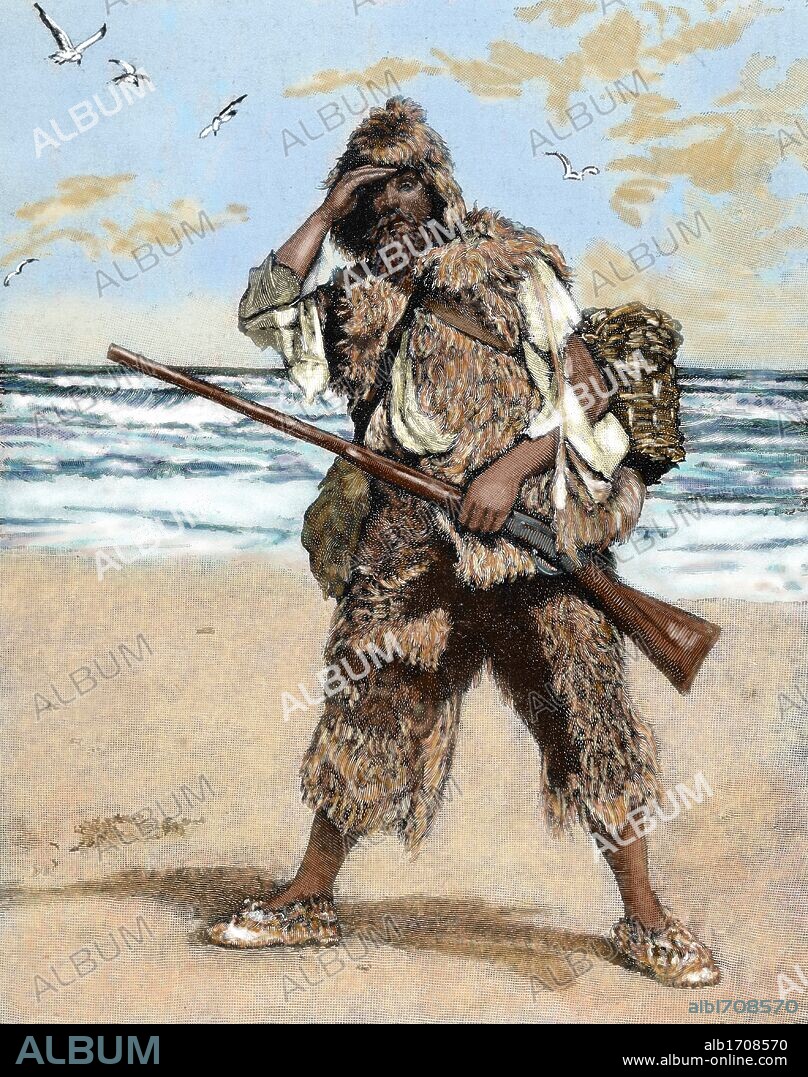 English literature. 17th century. Defoe, Daniel (1660-1731). English novelist. Robinson Crusoe surprised to find out the footprint of a bare foot. Engraving by Wal Paquet. Colored.