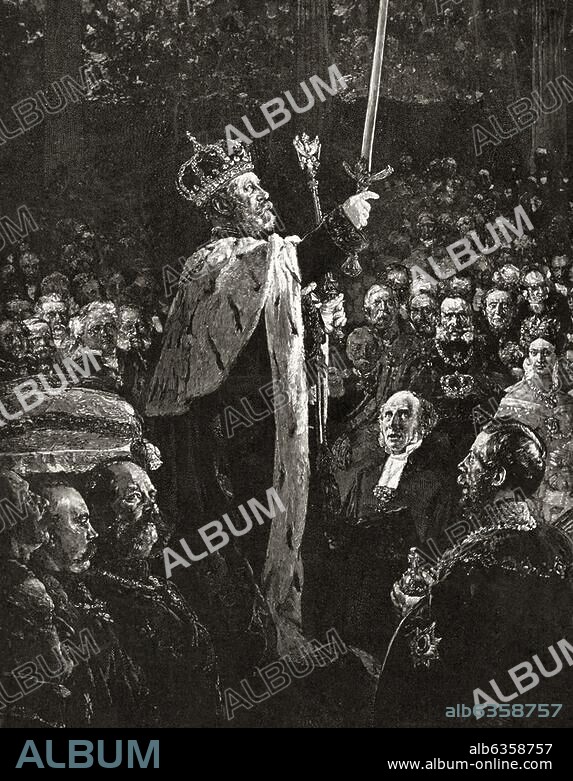 Wilhelm I., deutscher Kaiser (ab 1871). und König von Preußen, 1897-1888. - "Die Krönung Wilhelms I. zu Königsberg". (18. Oktober 1861; Krönung zum König von Preußen). Holzstich nach Ausschnitt aus dem Gemälde, 1861/65, von Adolph von Menzel. (1815-1905).
