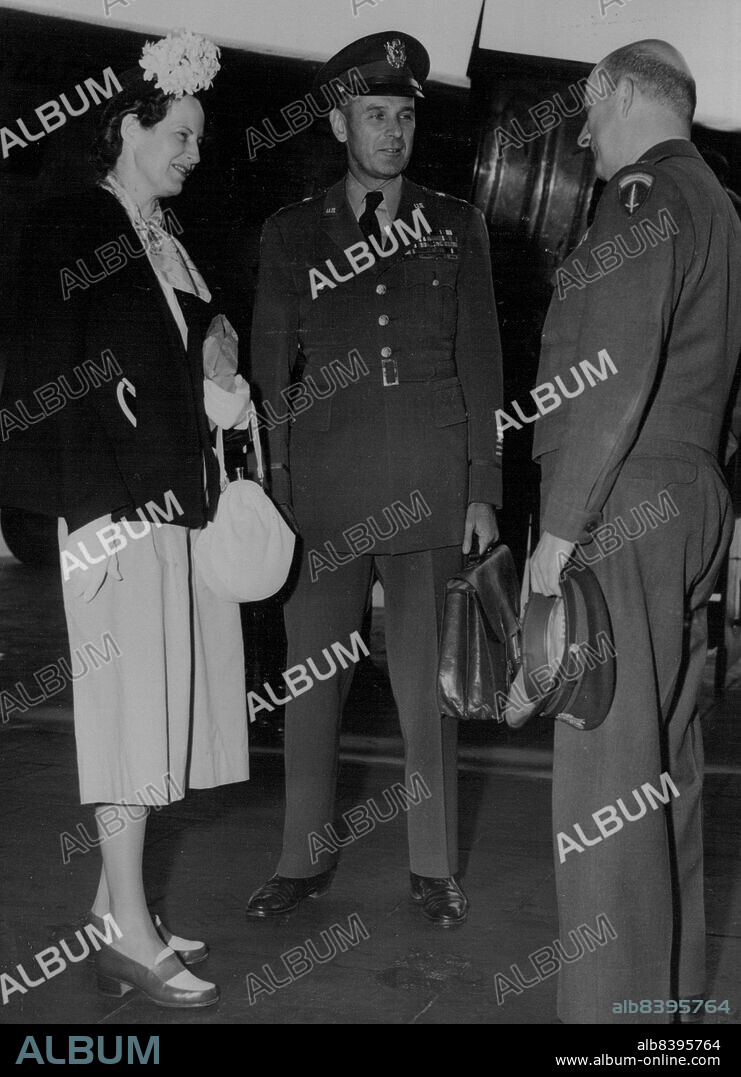 Berlin's New U.S. Commandant? -- Major-General Maxwell Taylor, Chief of Staff of the European Command and probable U.S. Commandant of Berlin, arrives at Tempelhof airfield with his wife and is greeted by Brigadier General C.K. Gailey, Junior (right). In reliable quarters, General Taylor is regarded as the most likely successor to Brigadier General Frank Howley who retires, at his own request, as Commandant of Berlin's U.S. sector. August 5, 1949.