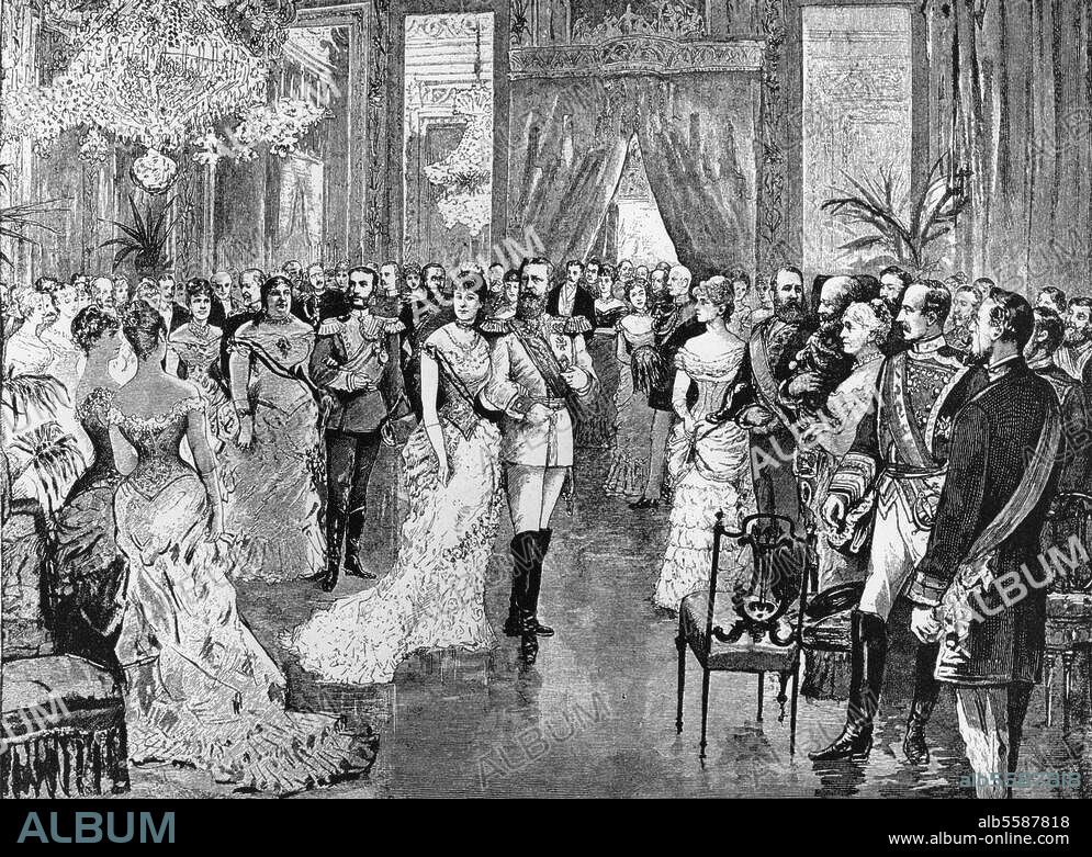 Friedrich III., deutscher Kaiser, König von Preußen, 1831-1888. Als Kronprinz Friedrich Wilhelm am königlichen Hofe von Madrid im November 1884. Zeitgenössischer Holzstich.