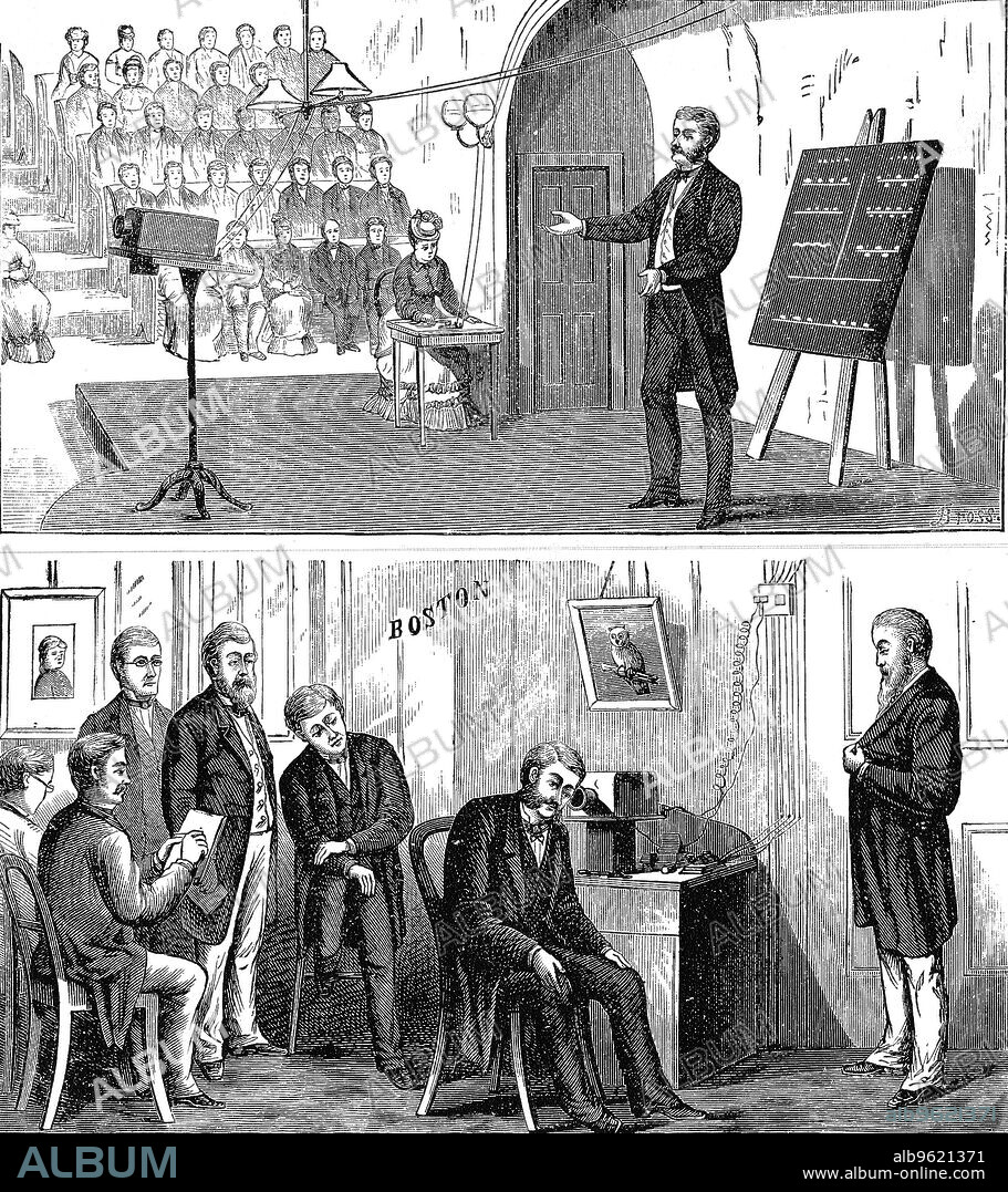Alexander Graham Bell (1847-1922), Scottish-born American inventor, 1877 (1890). Bell, who patented the telephone in 1876, lecturing at Salem, Massachusetts (top), while friends in his study at Boston listen to his lecture via telephone, 12 February 1877.
