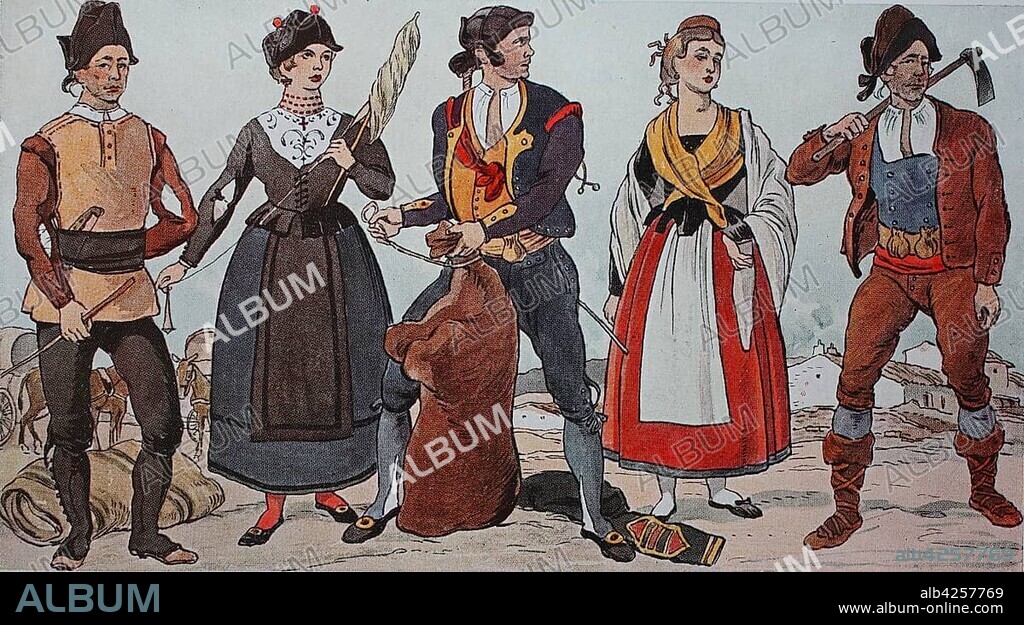 People in traditional costumes, fashion, clothing in Spain from 1810-1830, illustration, Spain