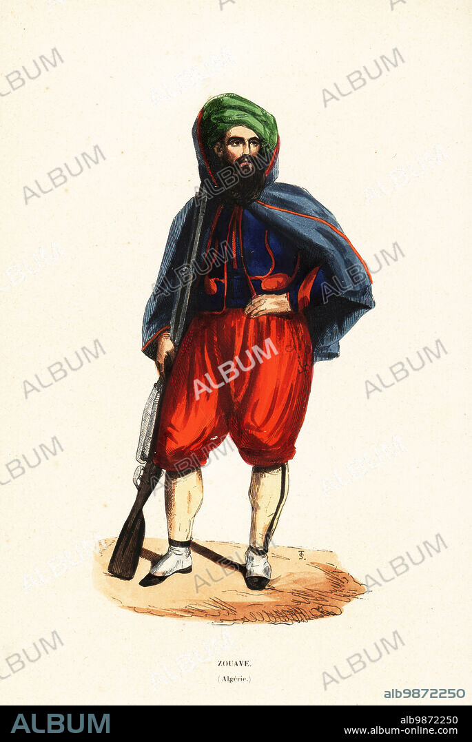 Zouave, or Berber Zwawa soldier, of Algeria with musket. The uniform comprised turban, red culottes, leather gaiters, blue jacket and overcoat with hood. Zouave, Algerie. Handcoloured woodcut by T.S. from Auguste Wahlen's Moeurs, Usages et Costumes de tous les Peuples du Monde, (Manners, Customs and Costumes of all the People of the World) Librairie Historique-Artistique, Brussels, 1845. Wahlen was the pseudonym of Jean-Francois-Nicolas Loumyer (1801-1875), a writer and archivist with the Heraldic Department of Belgium.