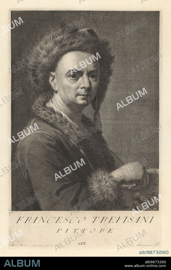 Francesco Trevisani, Italian painter, active in the early Rococo or late Baroque, 1656-1746. In fur hat with paintbrush and palette. Francesco Trevisani, Pittore. Copperplate engraving by Pietro Antonio Pazzi after Giovanni Domenico Campiglia after a self portrait by the artist from Francesco Moucke's Museo Florentino (Museum Florentinum), Serie di Ritratti de Pittori (Series of Portraits of Painters) stamperia Mouckiana, Florence, 1752-62.
