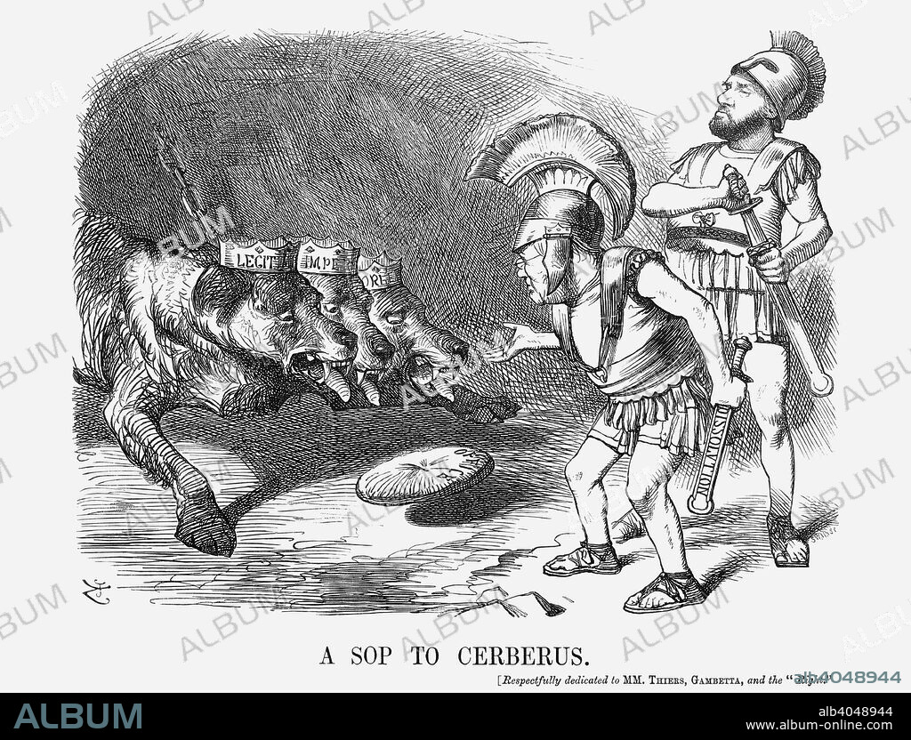 'A Sop to Cerberus', 1872. This cartoon shows Louis Adolphe Thiers, the first president of the Third Republic, and Leon Gambetta, the deputy for Marseilles. Here they are threatened by Cerberus, which, in Greek mythology, was the three-headed dog guarding the entrance to Hades. The heads represent Legitimist, Imperial and Orleanist, which groups, with the Red Republicans, were warring continually and causing France's administration great problems. This cartoon relates to a speech given by M Thiers on 18th December in which he said he had fought all his life against Socialism and Demagogy. He called for a Vote of Confidence. The vote was carried by 267 to 117. From Punch, or the London Charivari, December 21, 1872.