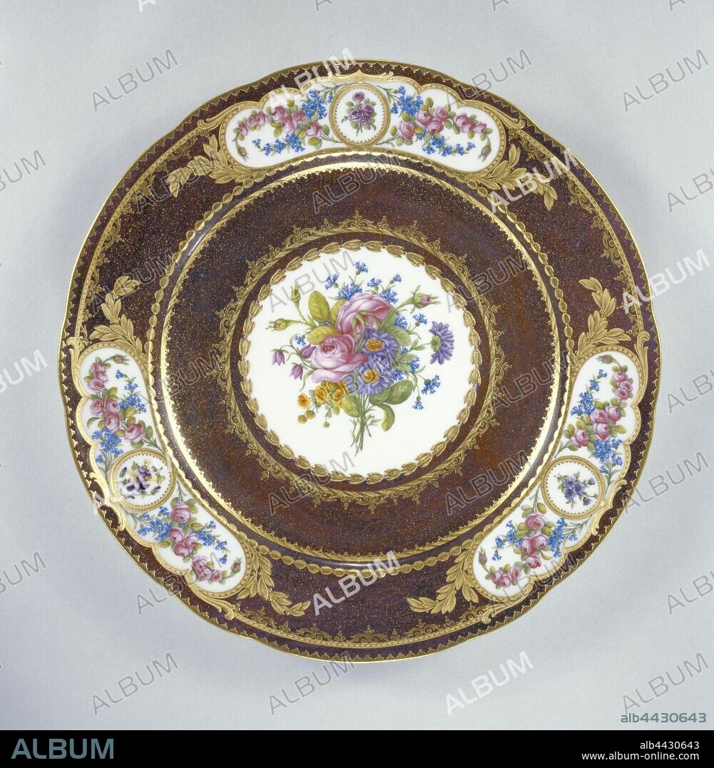 Plate, Ground color painted by Antoine Capelle (French, active 1745 - 1800), Flowers painted by Jacques-François-Louis de Laroche (French, about 1740 - about 1802), Gilded by Henri Prevost le jeune (French, active 1757 - 1797), Sèvres Manufactory (French, 1756 - present), Sèvres, France, 1782, Soft paste porcelain, brown ground, polychrome enamel decoration and gilding, 2.5 x 23 cm (1 x 9 1/16 in.).
