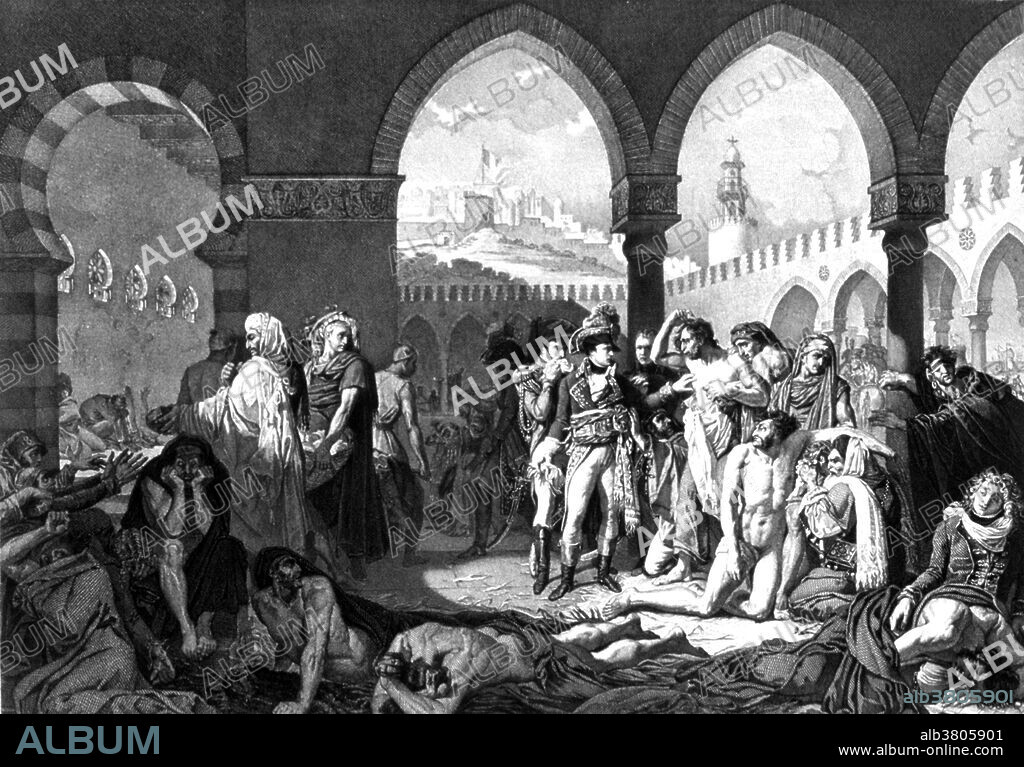 Visit by Napoleon Bonaparte to the plague victims of Jaffa, Egypt, in 1799. Patients surround Napoleon, in the courtyard of the hospital. Napoleon Bonaparte (1769-1821) was a French military and political leader during the latter stages of the French Revolution. As Napoleon I, he was Emperor of France from 1804 to 1815. He is best remembered for his role in the series of conflicts known as the Napoleonic Wars, during which the French Empire enjoyed a long streak of victories. In the War of the Sixth Coalition (1813-1814), however, Napoleon was finally defeated and exiled to Elba. He escaped, but after losing the battle of Waterloo he was again imprisoned and this time exiled to Saint Helena off the coast of Africa. In February 1821, his health began to fail rapidly and he died.