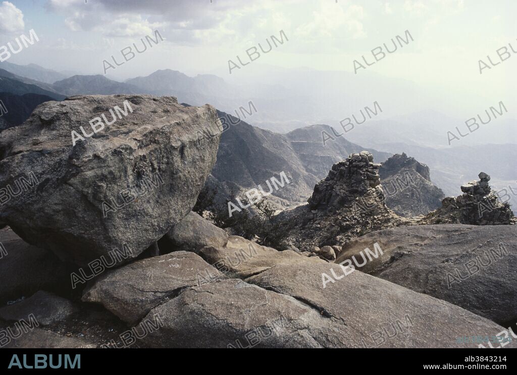 Escarpment in Asir National Park, Saudi Arabia, shows the wear of age in this region where the altitude drops from over 10,000 feet to the Red Sea in only 50 miles distance.