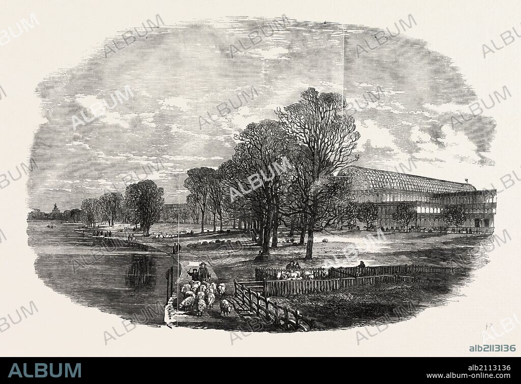THE GREAT EXHIBITION BUILDING, THE CRYSTAL PALACE, IN HYDE PARK, LONDON, UK, SKETCHED FROM KENSINGTON GARDENS BRIDGE, 1851 engraving.