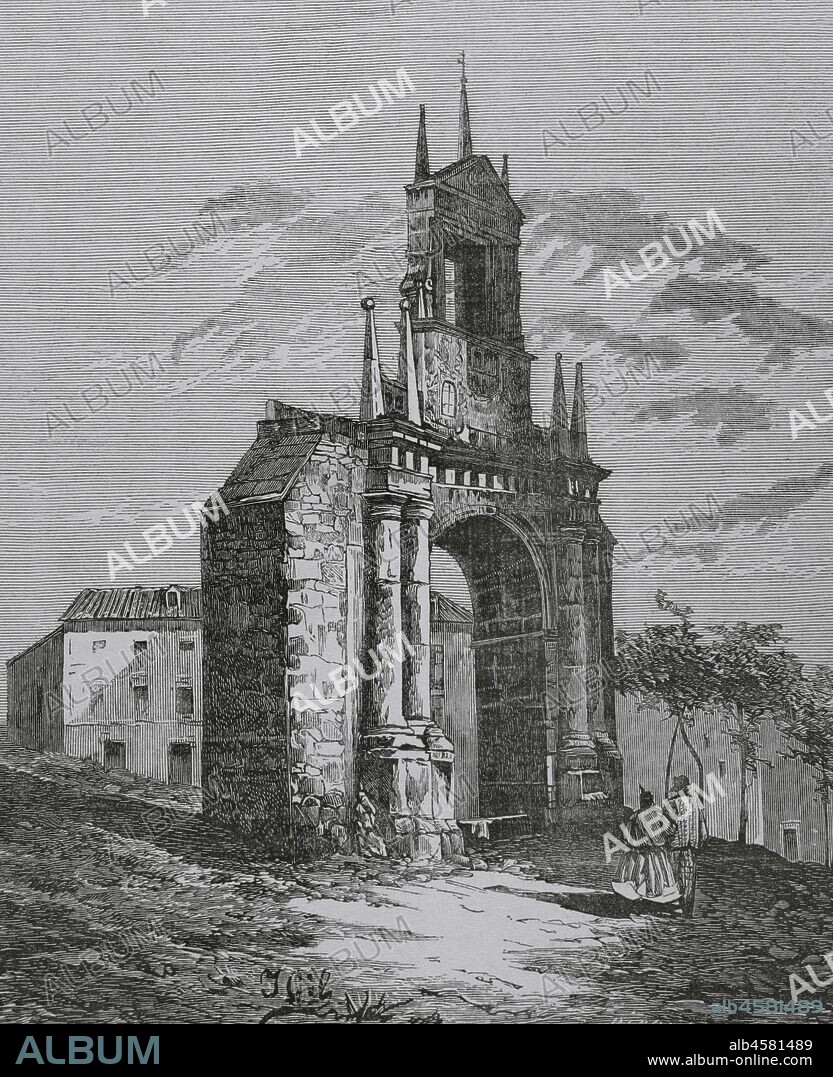 Spain, Burgos. Triumphal Arch of Fernan Gonzalez, built in the Herrerian style between 1581 and 1587 by Juan Ortega de Casta–eda. Engraving by Rico. Cr—nica General de Espa–a, Historia Ilustrada y Descriptiva de sus Provincias. Castilla-La Vieja, 1870.