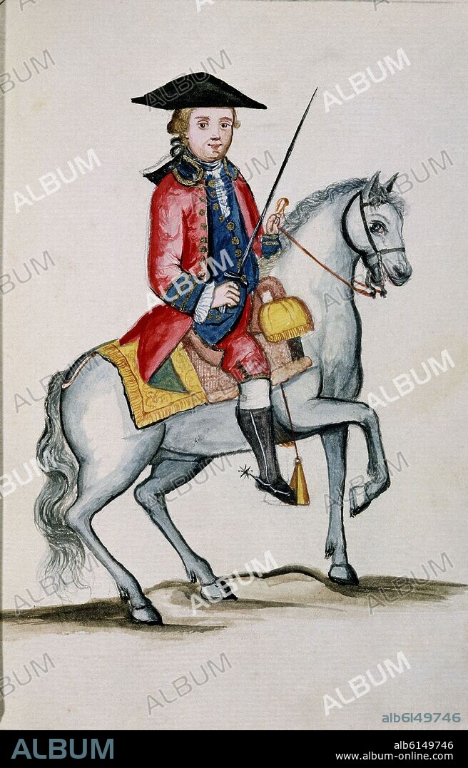 BALTASAR JAIME MARTÍNEZ COMPAÑÓN. CODICE TRUJILLO DEL PERU - TOMO I - PERSONAJE A CABALLO - ACUARELA - SIGLO XVIII.