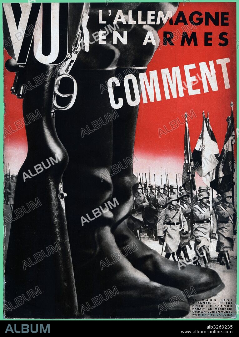 Portada del semanario ilustrado VU, editado en París, marzo de 1933. Alemania en armas y la inauguración del primer campo de concentración en Dachau para deportación de judíos por los nazis el 22 de marzo de 1933.