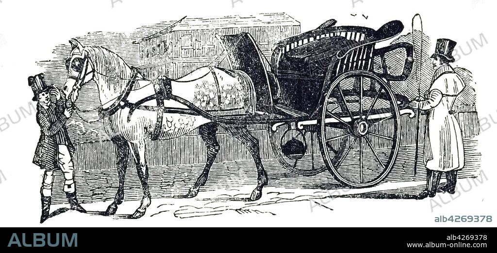 An engraving depicting a gig - a light two-wheeled carriage pulled by one horse. Dated 19th century.