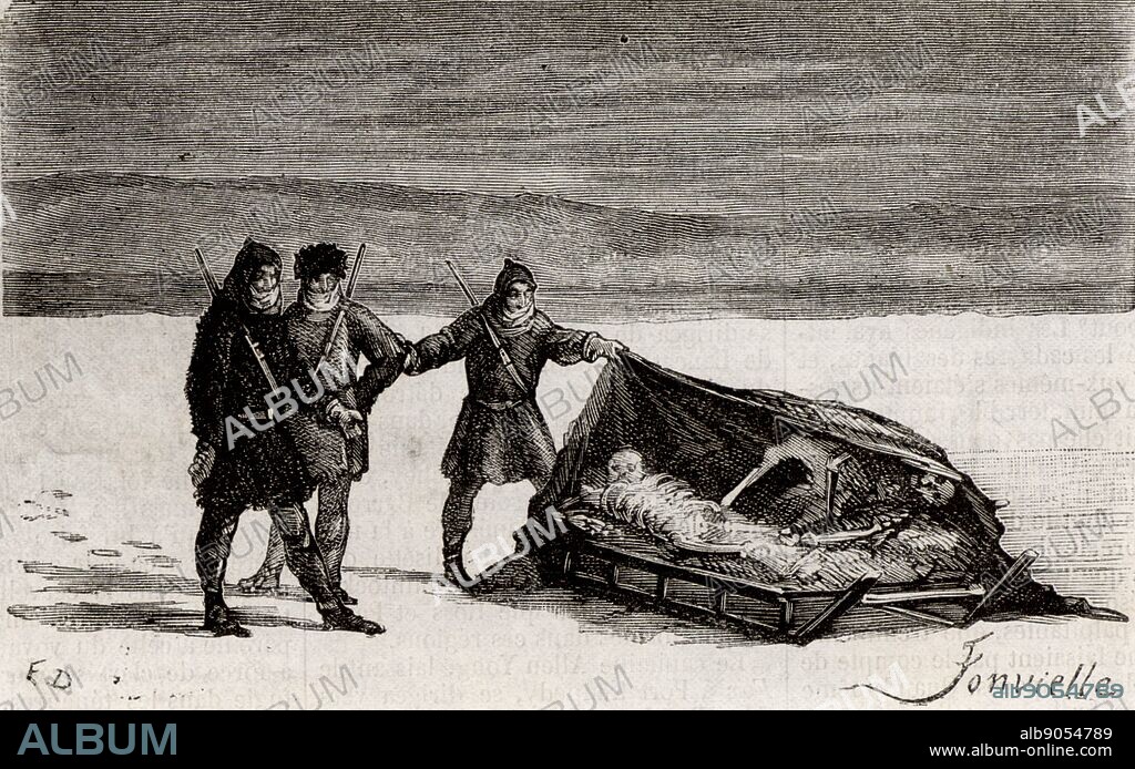 Sir John Franklin (1786-1847) British naval officer and arctic explorer commanded the 1845 expedition of the ships 'Erebus' and 'Terror' to search for the North West Passage. All members of the expedition perished. Here the remains of two of them have been found by members of the Franklin Search Expedition of 1857, led by Francis Leopold McClintock (1819-1907) in command of the 'Fox'. Engraving from 'Le Voleur' (Paris, 4 May 1877).