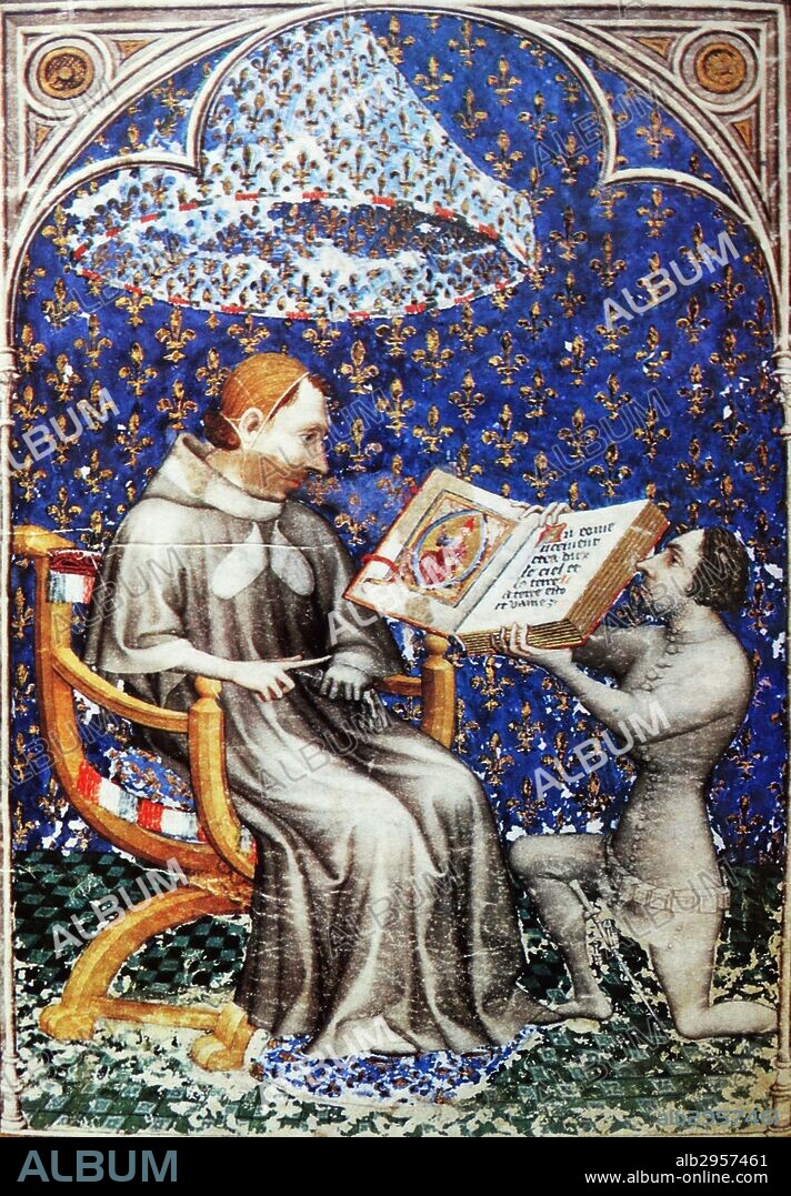 Fresco of Charles V of France receiving an illuminated Bible from Jean de Vaudetar. Painted by Jean Bandol. Dated 14th Century.