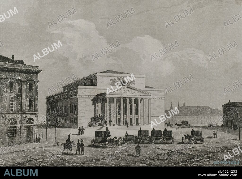 Imperio Ruso. Moscú. Vista del Gran Teatro Imperial (Teatro Bolshói). Grabado por Lemaitre y Cadolle. Historia de Rusia por Chopin. Panorama Univeral, edición española de 1839.