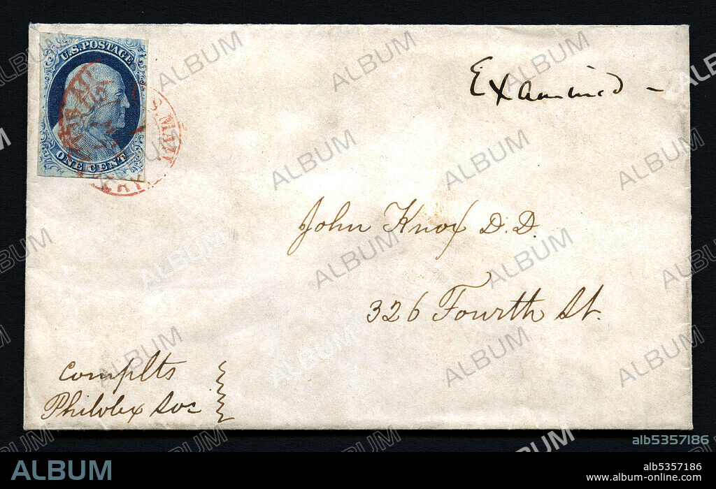 1c Franklin with New York Carrier cancel cover, c. 1852. Single 1c blue Franklin, type IV, cancelled with a red New York carrier handstamp, addressed to John Knox, D.D., 326 Fourth St., (New York City).