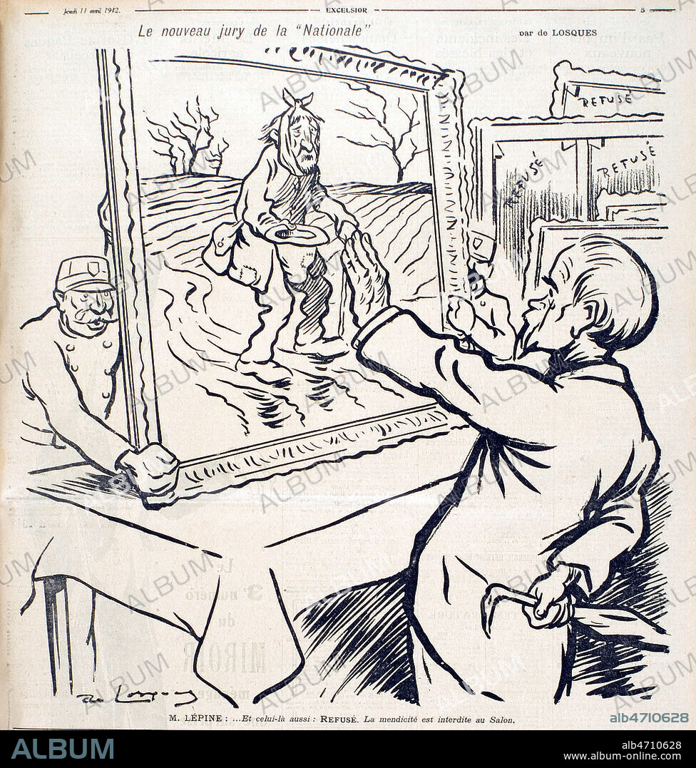 Le nouveau jury de La Nationale. le prefet Louis LEPINE (1846-1933) et celui-la refuse aussi. La mendiicite est interdite au Salon. Caricature de LOSQUES (1880-1915) pour l'Excelsior de 1912. Credit : Coll. Dixmier/KHARBINE-TAPABOR.