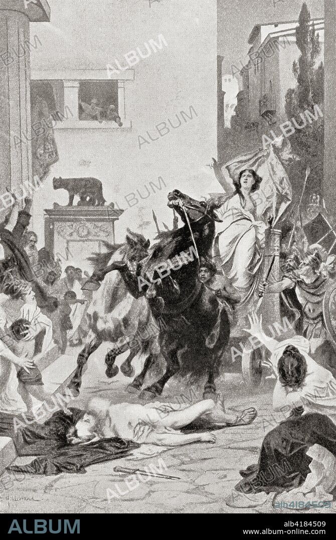 Tullia drives over the corpse of her father.  Along with her husband, Lucius Tarquinius, she arranged the overthrow and murder of her father, Servius Tullius, securing the throne for her husband.  Tullia Minor, a semi-legendary figure in Roman history. She was the last queen of Rome.  From Hutchinson's History of the Nations, published 1915.