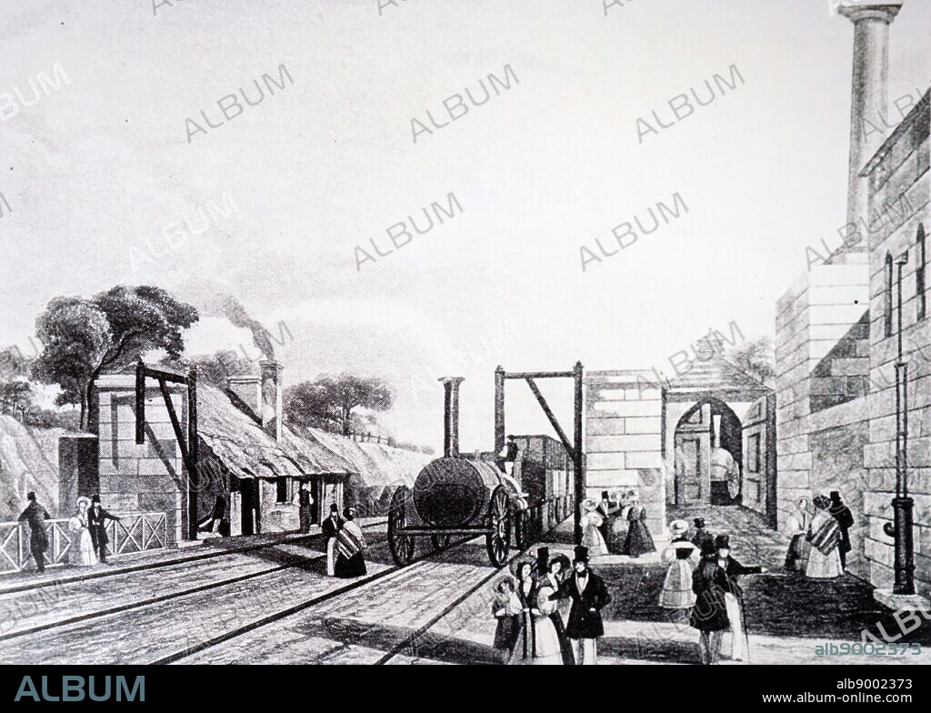 Engraving depicting the construction of the Liverpool-Manchester railway line. Dated 19th century.