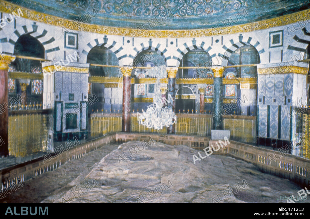 Dome of the Rock Moriah in Jerusalem. Interior. The Rock inside the church ca. between 1950 and 1977.