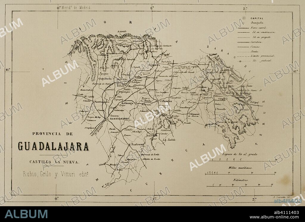 Mapa de la Provincia de Guadalajara. Crónica General de España, Historia Ilustrada y Descriptiva de sus Provincias. Castilla-La Nueva, 1869. Biblioteca Histórico Militar de Barcelona, Cataluña, España.