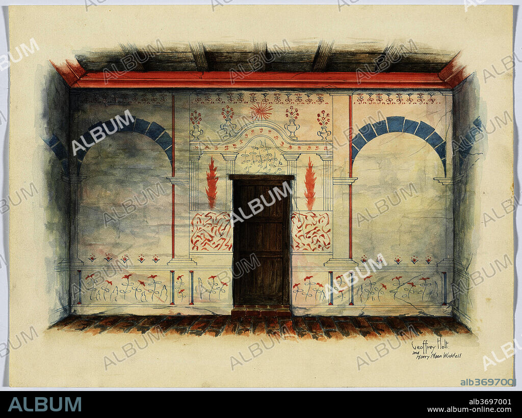 GEOFFREY HOLT AND HARRY MANN WADDELL. Restoration Drawing: Wall Painting; Door. Dated: 1937. Dimensions: overall: 26.8 x 35.1 cm (10 9/16 x 13 13/16 in.)  Original IAD Object: wall 21'6"wide, 14'2"high. Door: 6'4"x3'. See data sheet. Medium: watercolor, colored pencil, pen and ink, and graphite on paper.