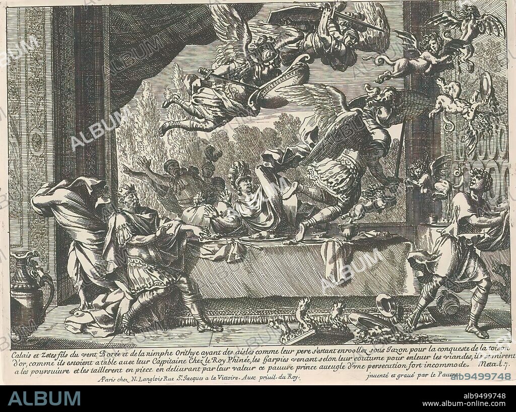 Jupiter turns King Lycaon into a wolf, Metamorphoses of Ovid (series title), Lycaon (right) tried to cheat Jupiter (left, with eagle) by slaughtering his son Arcas and offering him for dinner, whereupon Jupiter turns him into a wolf. The king's palace is struck by lightning. In the lower margin, a three-line explanation of the scene in French., print maker: Jean Lepautre, (mentioned on object), after own design by: Jean Lepautre, (mentioned on object), publisher: Nicolas Langlois (I), (mentioned on object), Paris, c. 1650 - 1703, paper, etching, height 168 mm × width 222 mm.