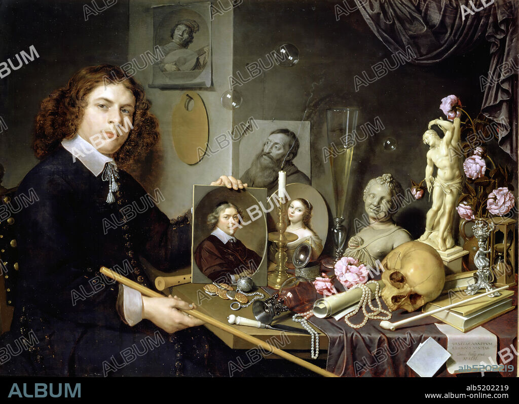 Vanitas still life with a self-portrait of the young painter, painting, David Bailly, 1651, Signature front, bottom right, on paper: David. Bailij. pinxit. / Ao 1651, panel, oil paint, painted, Carrier: 89.5 x 122 x 0.8cm (895 x 1220 x 8mm), With frame: 118 × 150 × 5.5cm (1180 × 1500 × 55mm) , flute, self-portrait, self-portrait, book, skull, woman's portrait, man's portrait, candlestick, rose, vanitas, interior, coin (medium of exchange), Chalk drawing depicting a man's portrait. The man looks to the left and holds his head in his hand. He is wearing a striped bosom. Not signed.