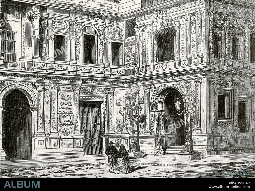 España. Andalucia. Sevilla. Casas Consistoriales. Edificio del siglo XVI, en estilo plateresco. Grabado por Soriano. Crónica General de España, Historia Ilustrada y Descriptiva de sus Provincias. Andalucía, 1867. Biblioteca Histórico Militar de Barcelona. Cataluña, España.