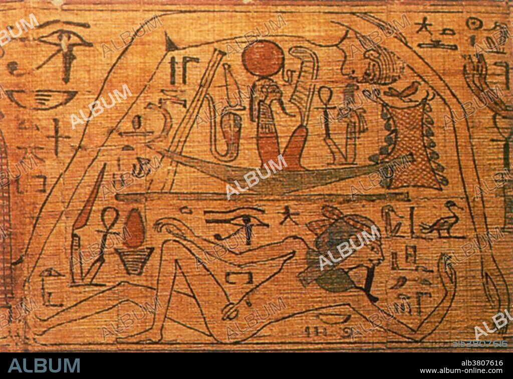 Ancient Egyptians believed that the Earth, personified by the god Geb, mated with his sister Nut, the sky, to create the stars. This scroll illustrates their belief that each night the sun god Ra was swallowed by Nut, to be born again each morning.